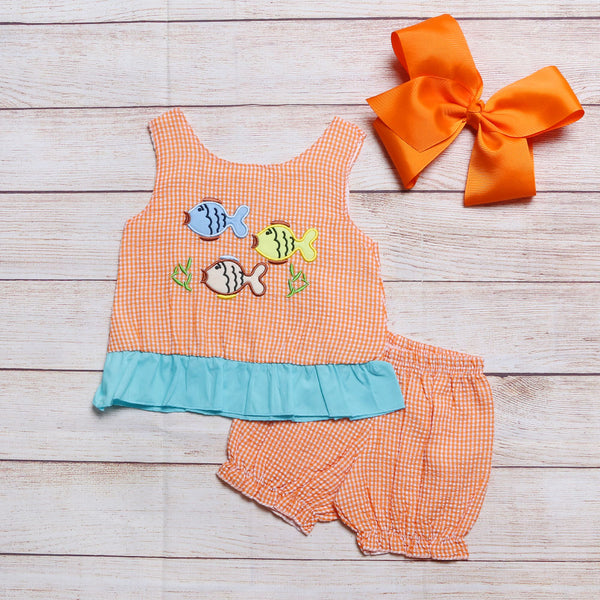 Plaid Fish Applique Ruffle Shorts Set