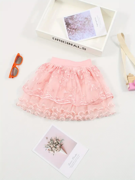 Peach Embroidered Three-layer Tutu Skirt