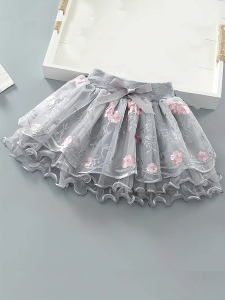 Grey Embroidered Three-layer Tutu Skirt