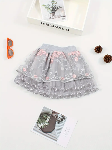 Grey Embroidered Three-layer Tutu Skirt
