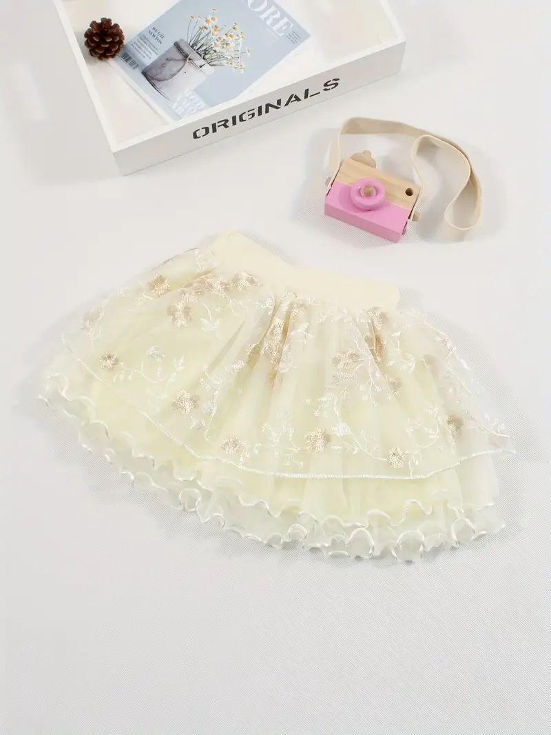 Light Yellow Embroidered Three-layer Tutu Skirt